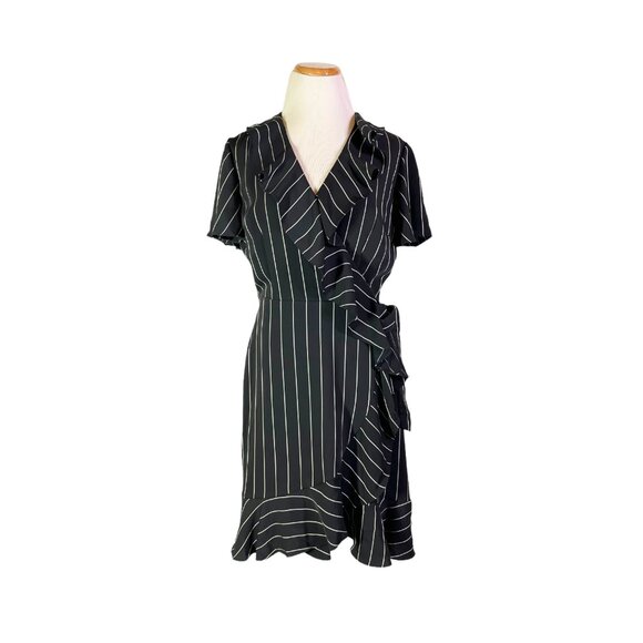 Tahari Arthur S Levine Size 6 Faux Wrap Dress Black Stripe - Picture 1 of 10